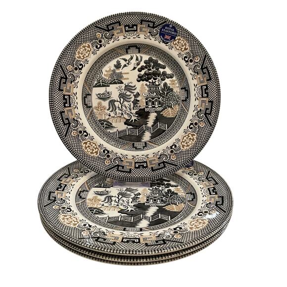 Royal Stafford Black Gold Asian Garden Willow Pagoda Dinner Plates Set of 4 New - Picture 14 of 16